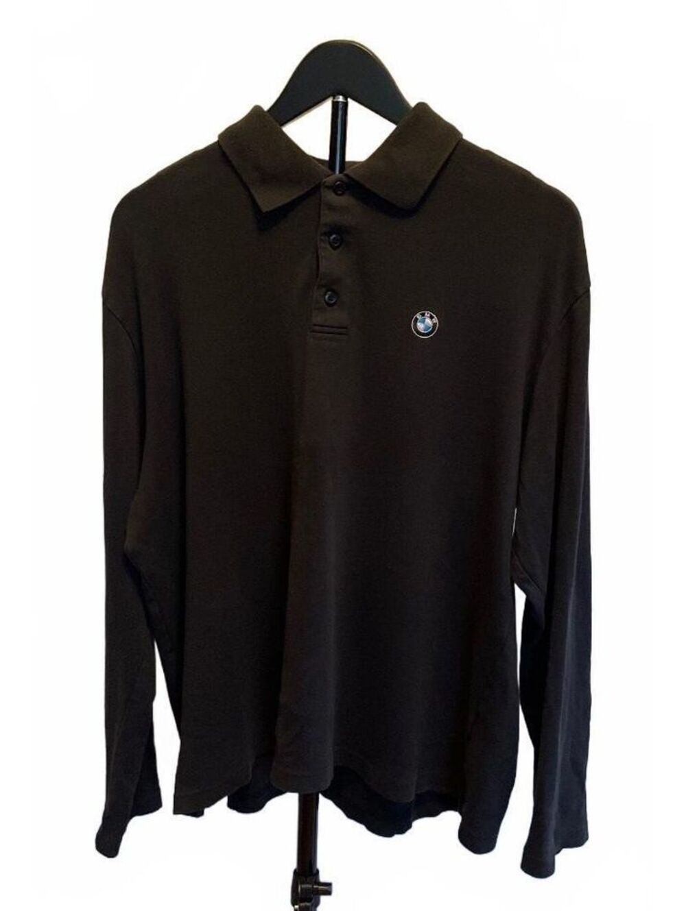BMW Logo Long Sleeve Polo Shirt Black 100% Cotton Men's Large